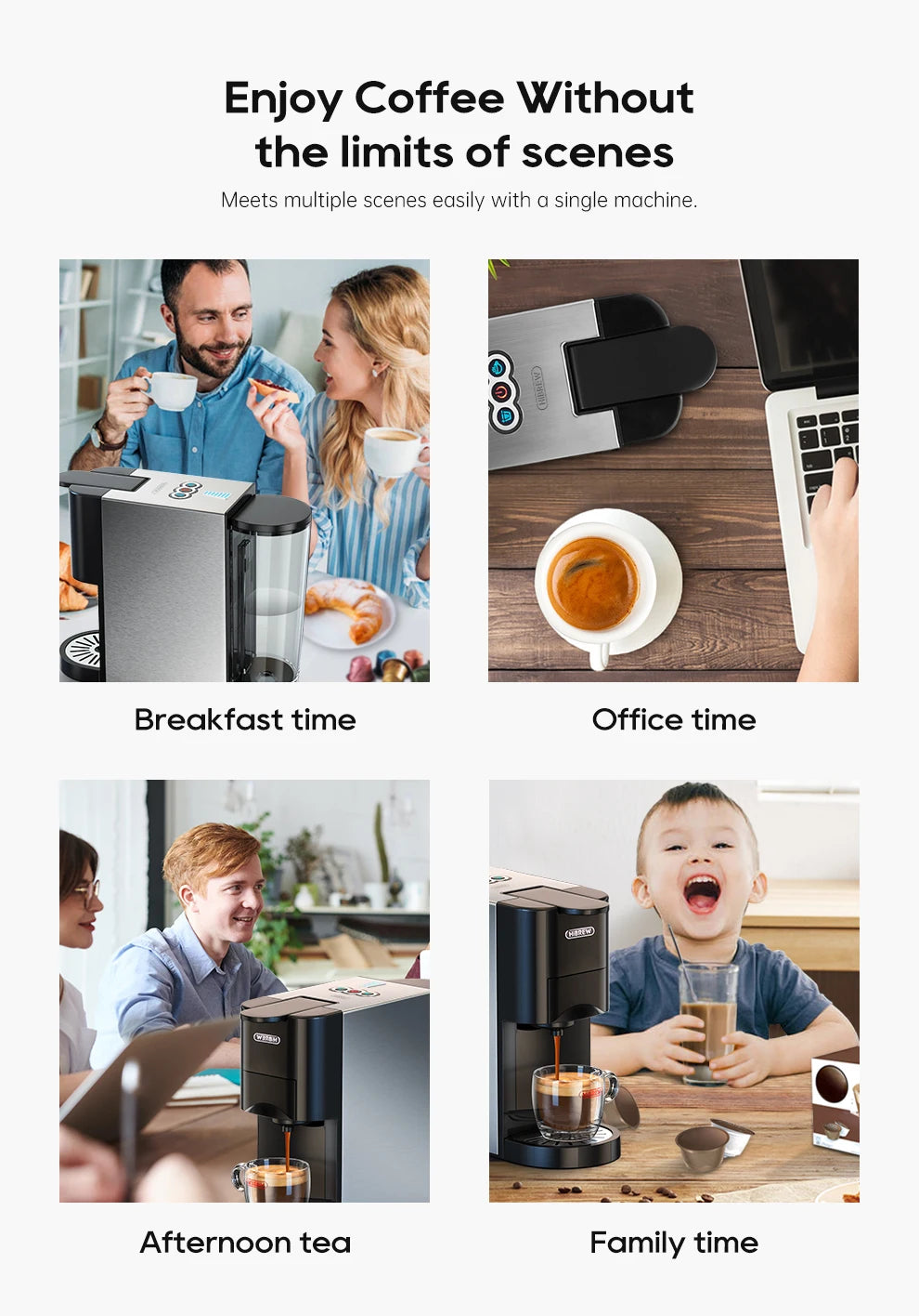 HiBREW compact stainless steel capsule coffee maker for home, office, and family use in four lifestyle scenes.