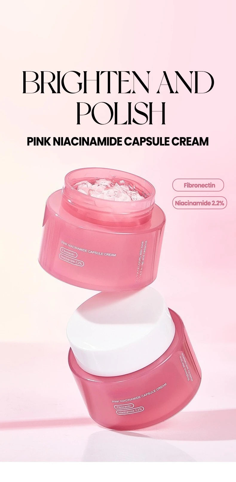 Two pink jars of Niacinamide Capsule Cream stacked against a soft pink background; one jar shows clear gel capsules.