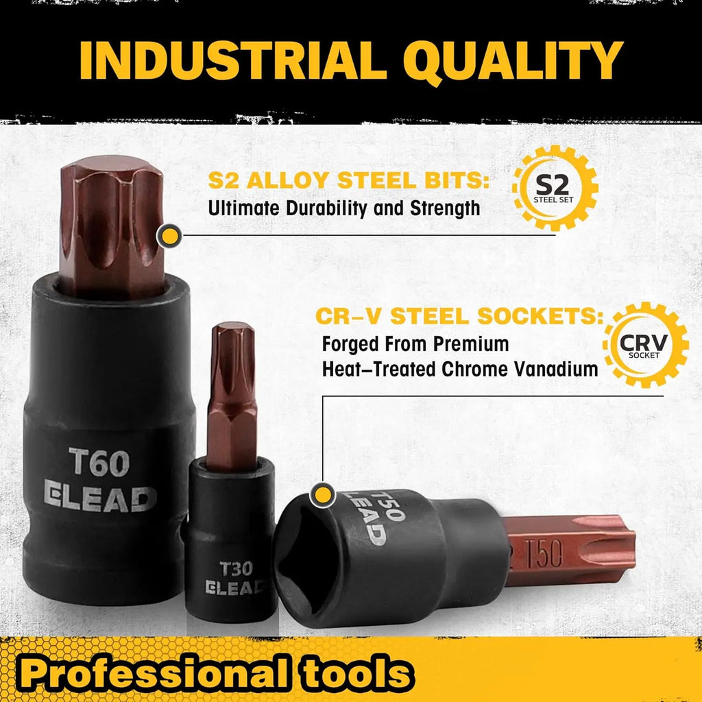 ELEAD 31PC Torx Bit Socket Set Premium CR-V & S2 Alloy Steel Star T8-T70 & E-Torx E4-E24 High Torque Laser Marked