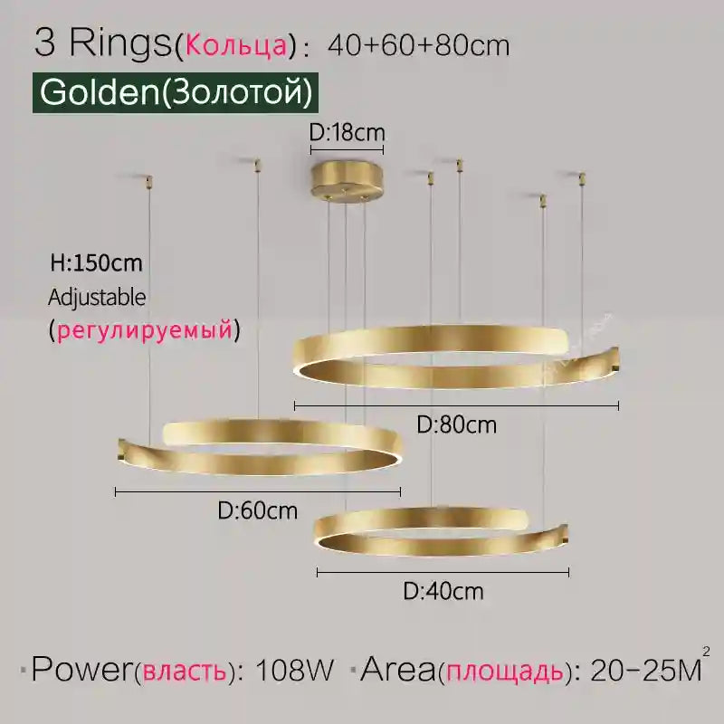 Modern 3-Ring LED Chandelier - Adjustable Dimmable Black Finish Golden 3 Rings L Tidesmit