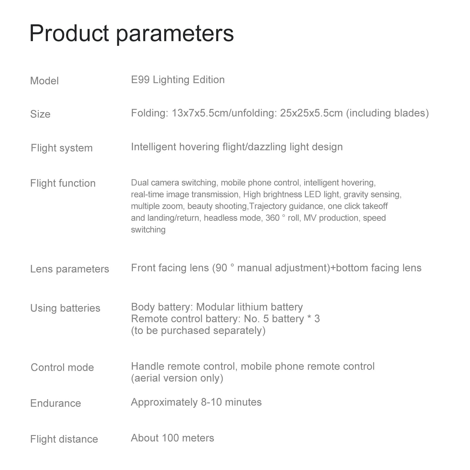 E99 Lighting Edition folding drone technical specifications table, including size, flight functions, and camera