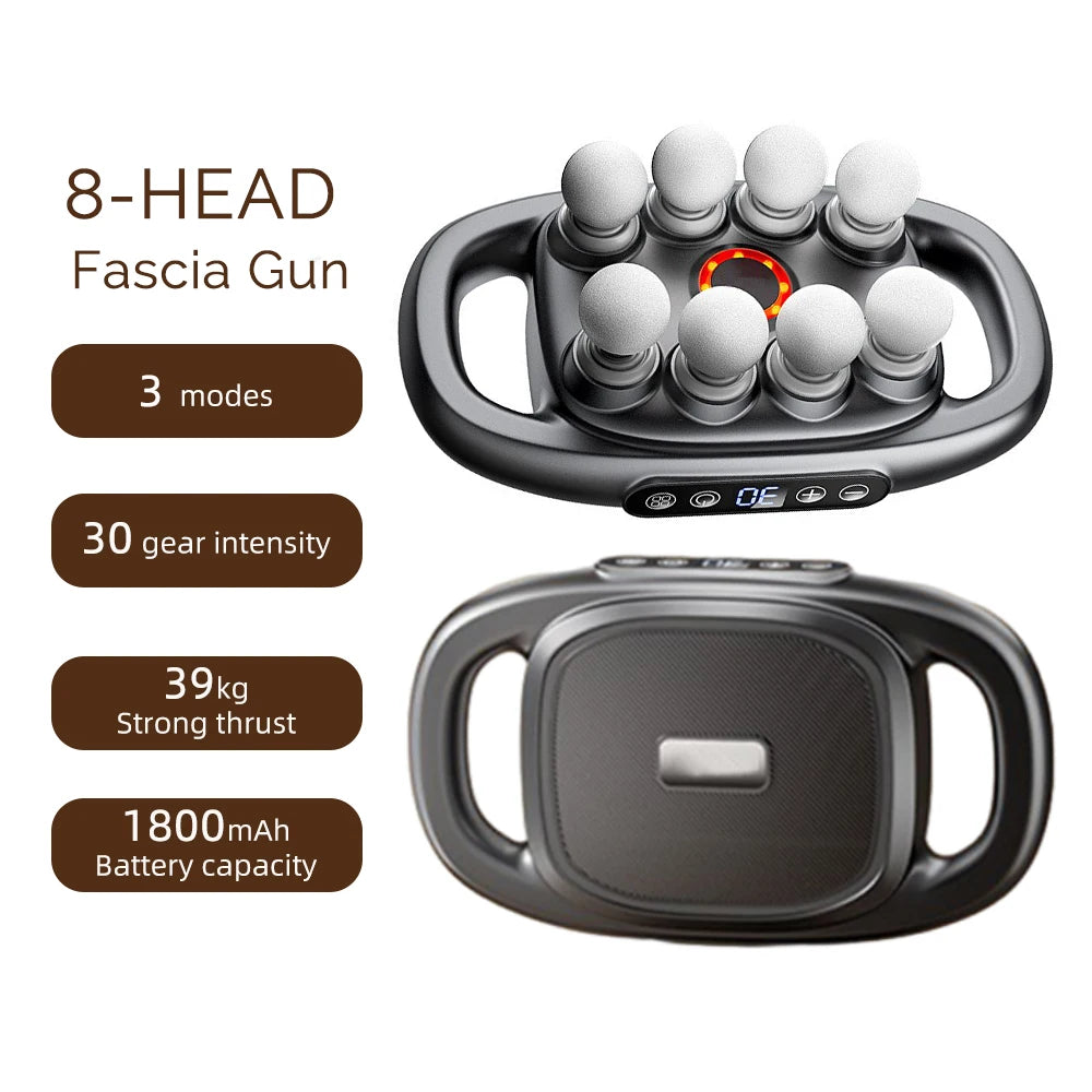 Black 8-head handheld fascia massage gun with two handles, circular heads, digital display, and 30 intensity settings.