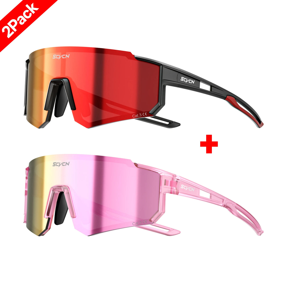 Cycling sunglasses 2-pack: red and pink tinted lenses, black temples with side shields
