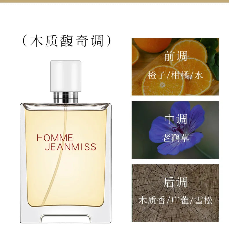 JEAN MISS men's woody fougere parfum, rectangular bottle, orange, geranium, and cedar notes. Fresh long-lasting cologne.