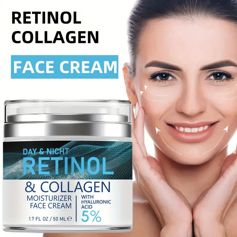 Jar of Envisha Retinol & Collagen face cream with a silver lid, next to a smiling woman touching her face.