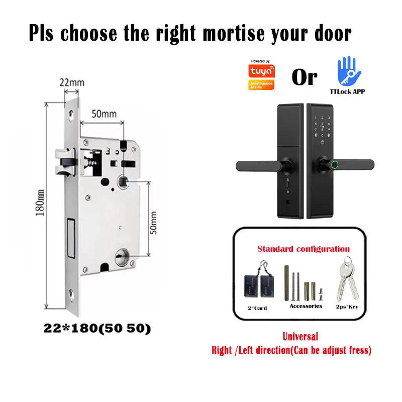 Keyless Tuya Bluetooth APP Digital Biometric Fingerprint Electric Smart Door Handle Key Card Lock with 5050 72 85 Mortise