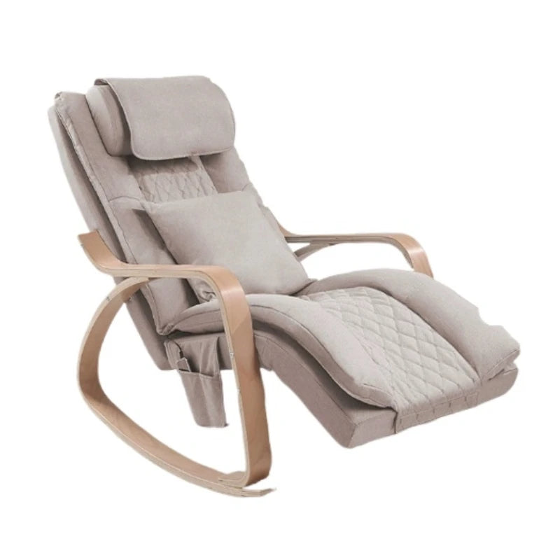 Beige upholstered rocking lounge chair with light wood frame, quilted texture, adjustable back, and side storage pocket.