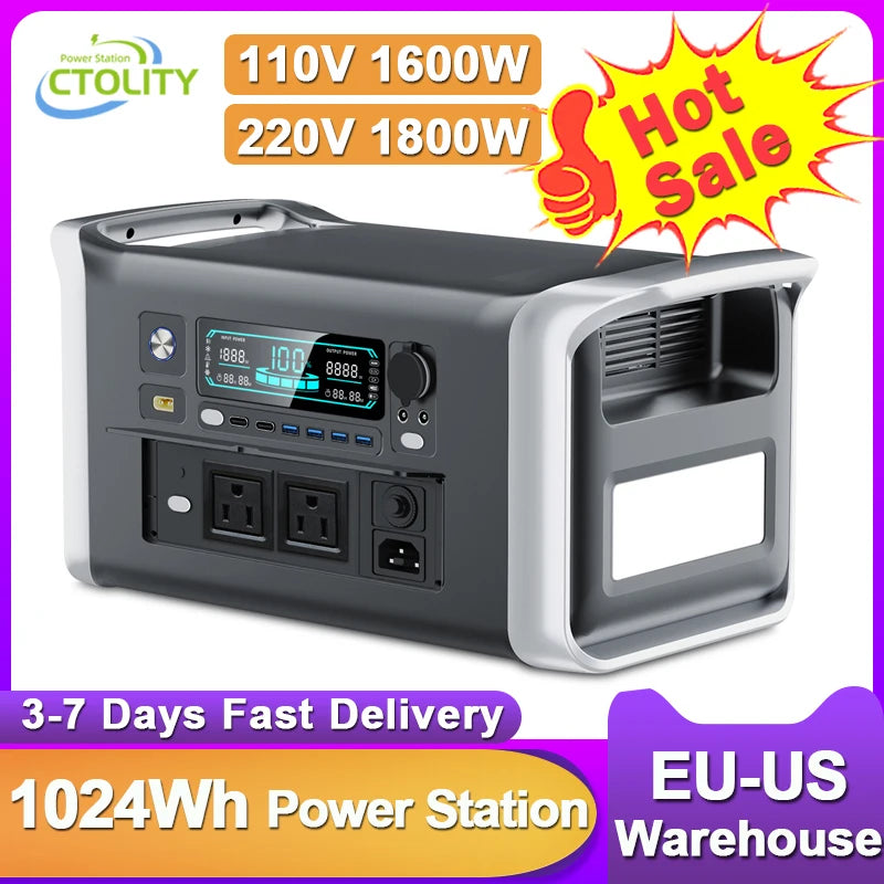 CTOLITY Camping Portable Power Station 1024Wh Lifepo4 Pure Sinve Wave Solar Generator Outdoor 220V 110V AC Outlets Garden Party
