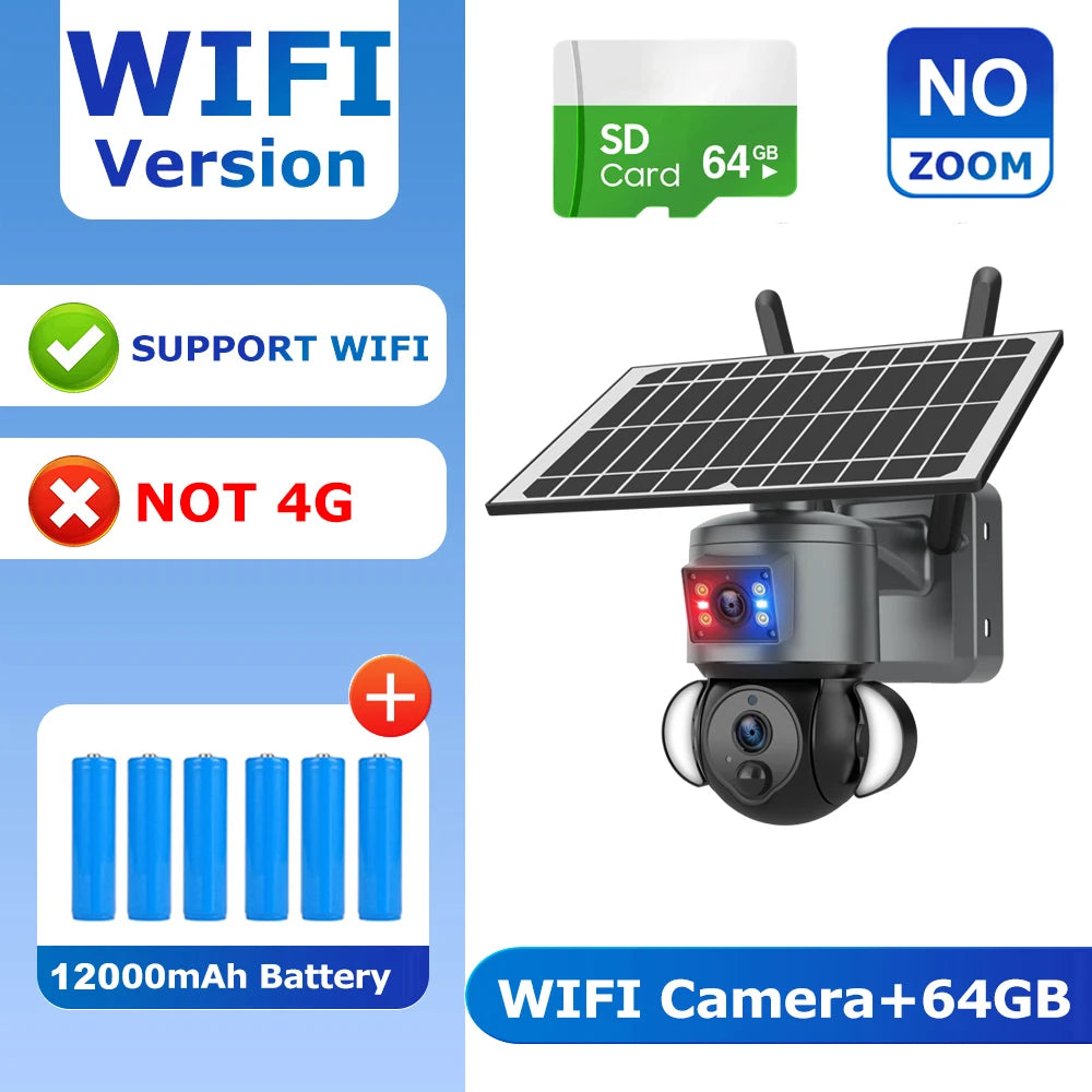 Solar dual-lens PTZ security camera with solar panel, two antennas, and illuminated status panel.