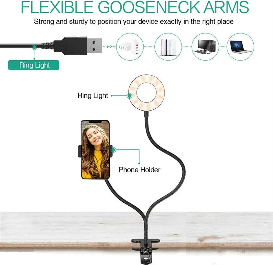 USB-powered ring light and phone holder with dual flexible black gooseneck arms and a desk mounting clamp.