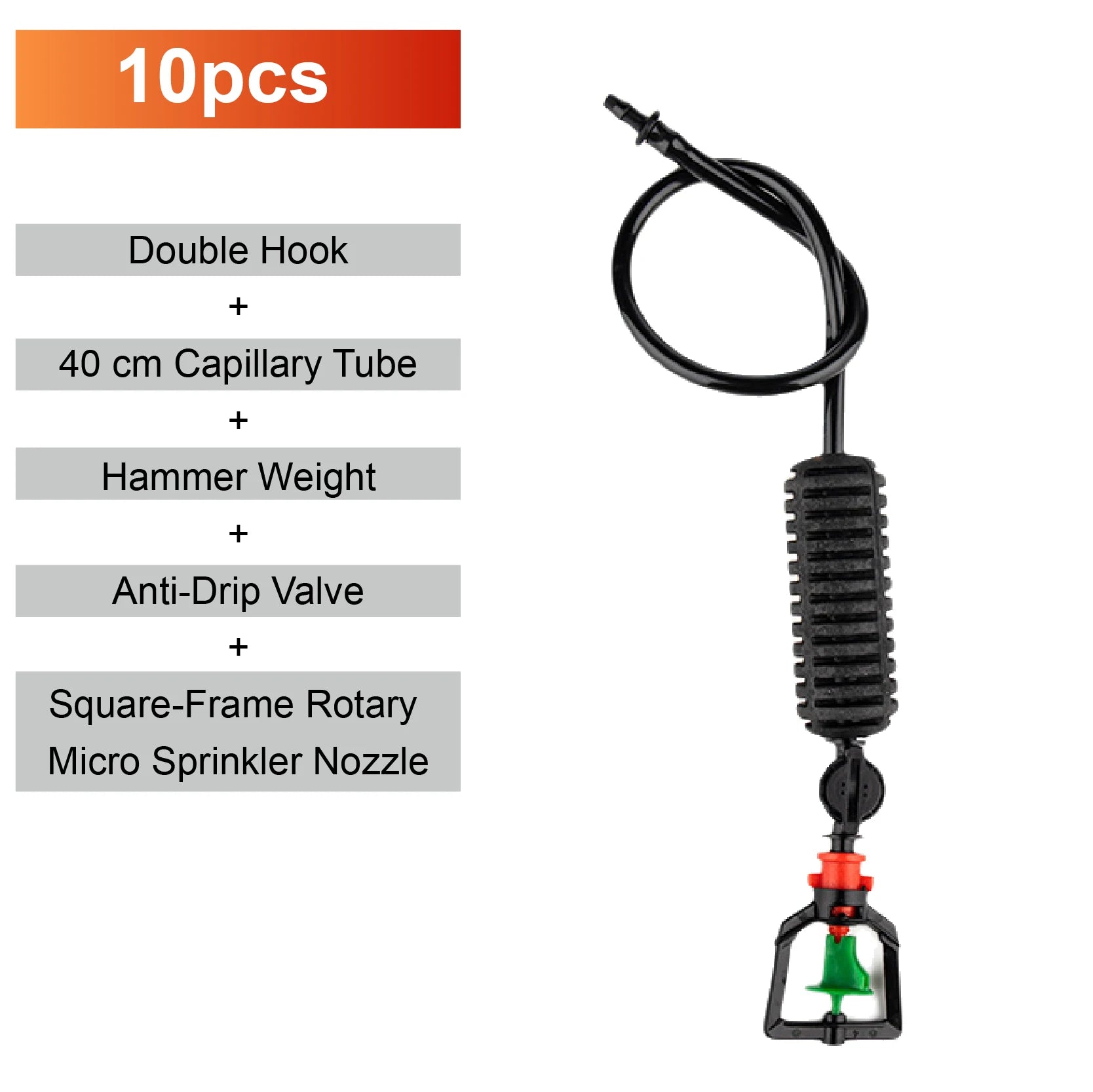 Hanging square-frame rotary micro sprinkler nozzle with black tube, weight, and green insert