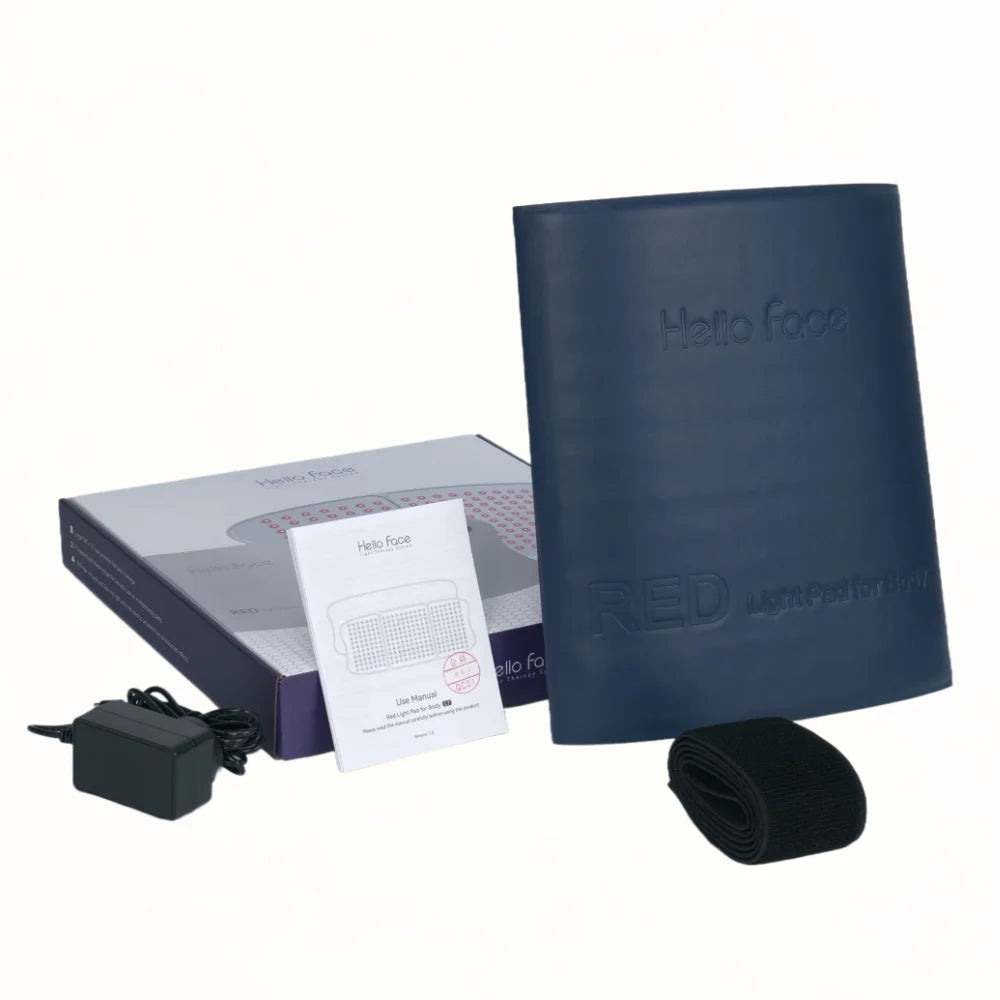 Blue Hello Face LED light therapy mat, user manual, power adapter, and black strap, displayed with product packaging.