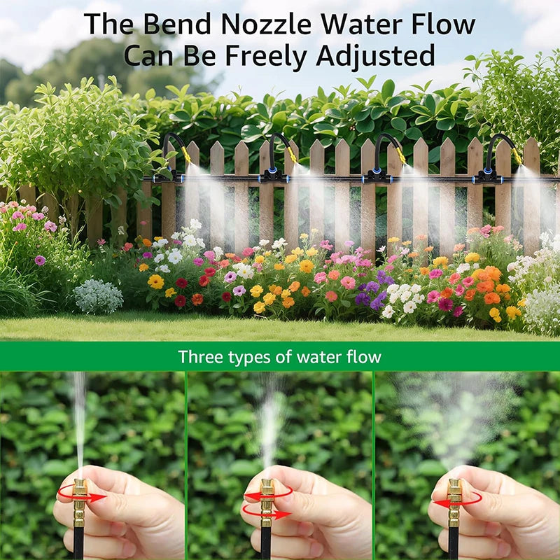 Bend nozzle sprinkler system over garden bed with mist; hand adjusting the flow