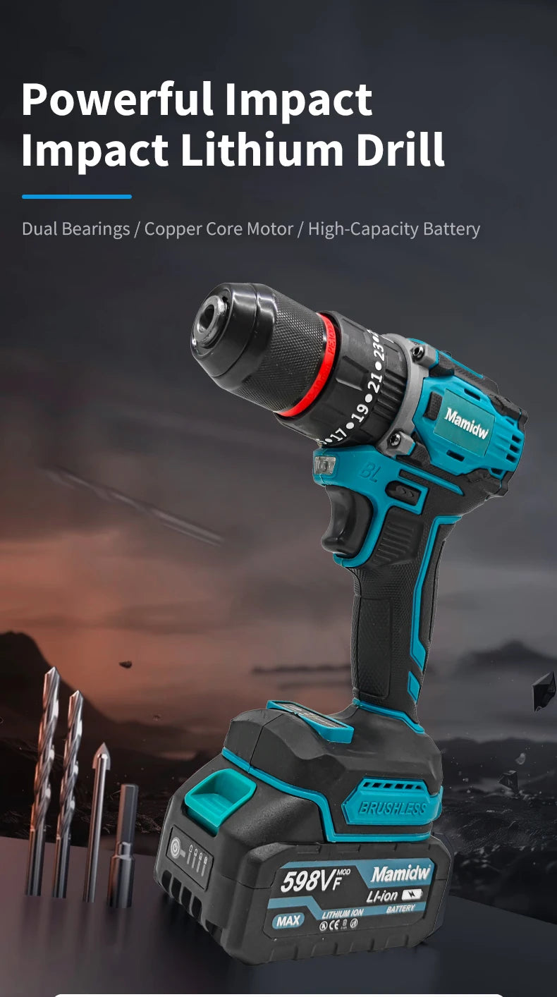 Mamidw Brushless Lithium Electric Drill 1850RPM High Speed Cordless Power Drill for Metal Wood Drilling Furniture Screw Fastening, For Makita 18V Battery PIN
