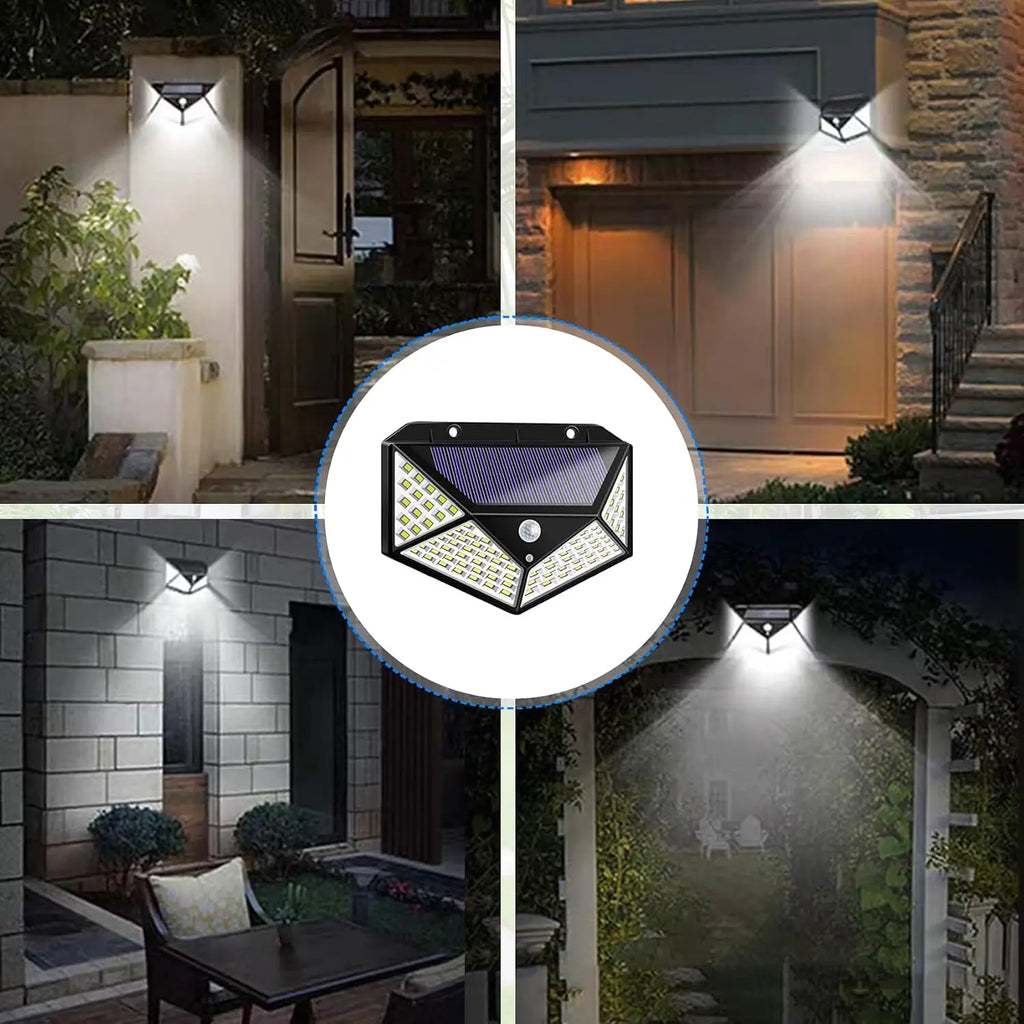 4Pack 100 LED Outdoor Solar Lights with Motion Sensor and 3 Lighting Modes, IP65 Waterproof Solar Wall Lights Ideal for Garden Patio Yard