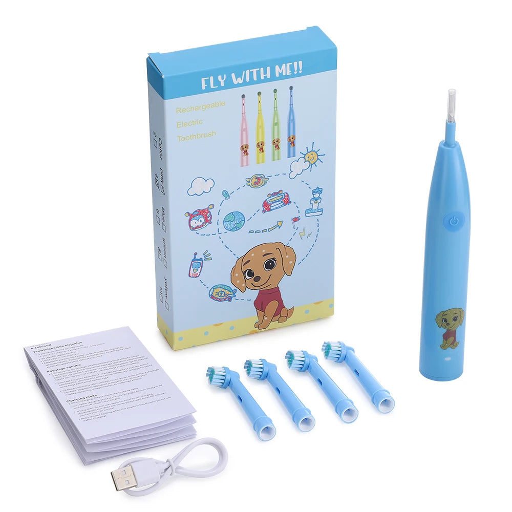 Children's Electric Toothbrush with 4 Replacement Heads Cartoon Kids Electric Toothbrush 5 Cleaning Modes Round Head Rotating