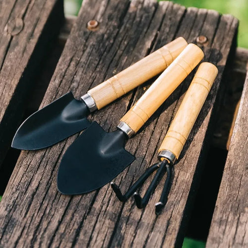 Mini garden tool set with wooden handles and black shovels, 3-piece set