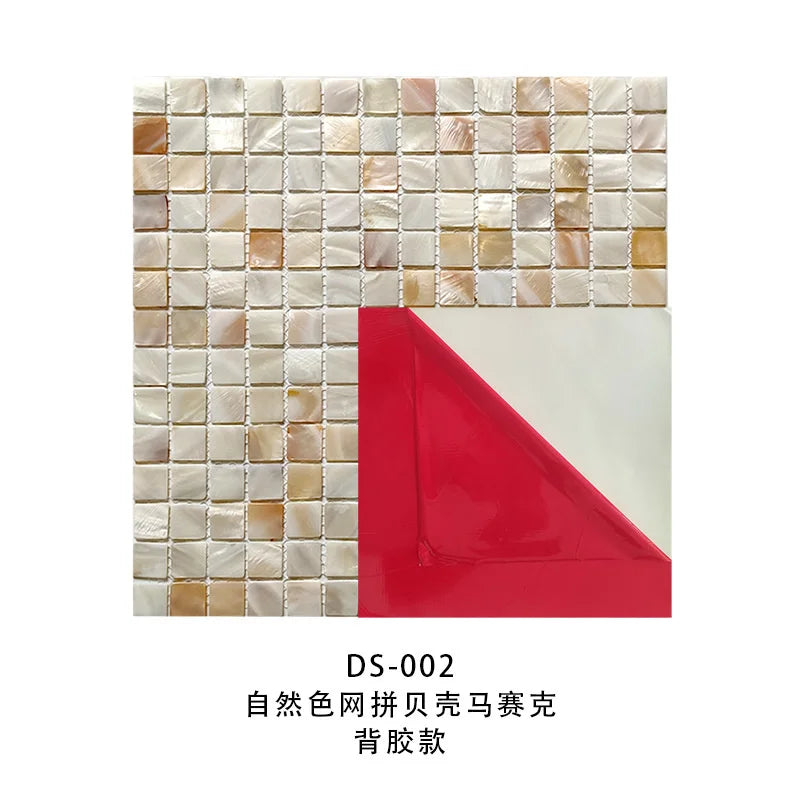 Natural pearl shell mosaic peel-and-stick tiles, glossy cream square grid pattern