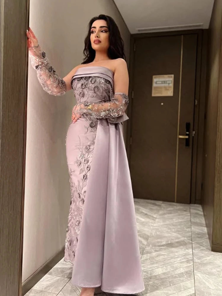 Customized High quality Classic Exquisite Retro Jersey Applique Straight Strapless Long Dresses Prom Dresses Matching