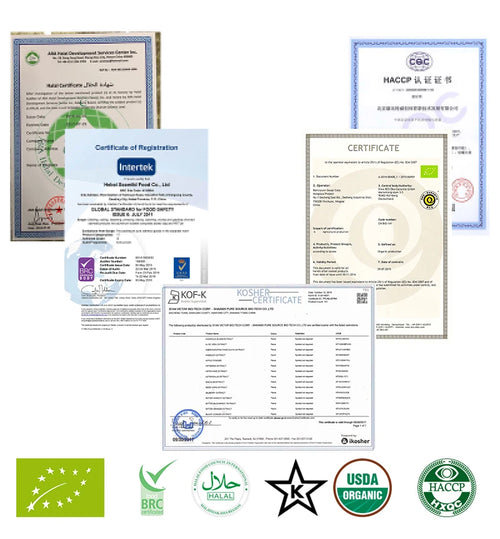 Quality certification documents for adaptogen mushroom extract powder products with various industry compliance seals.