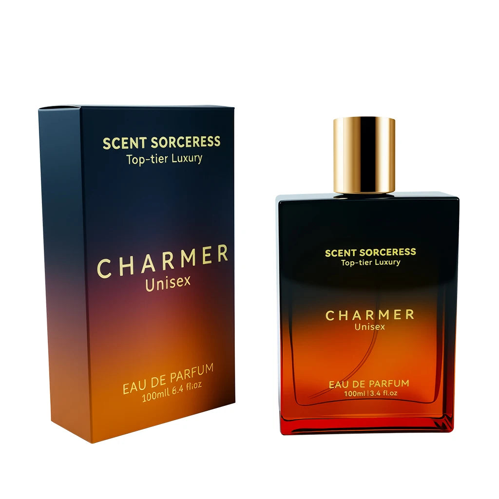 Scent Sorceress Charmer unisex Eau de Parfum 100ml. Luxury gradient glass bottle, high-end fragrance spray.