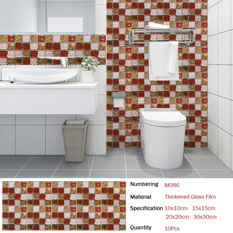 10pcs Flat Mosaic Style Tiles Sticker Kitchen Bathroom Waterproof & Oilproof Art Wall Sticker Peel & Stick Surface Glossy Film