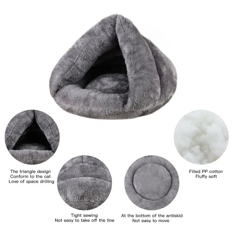 Soft grey plush triangle pet bed for cats and small dogs. Washable, anti-skid, cozy PP cotton-filled cave sofa.