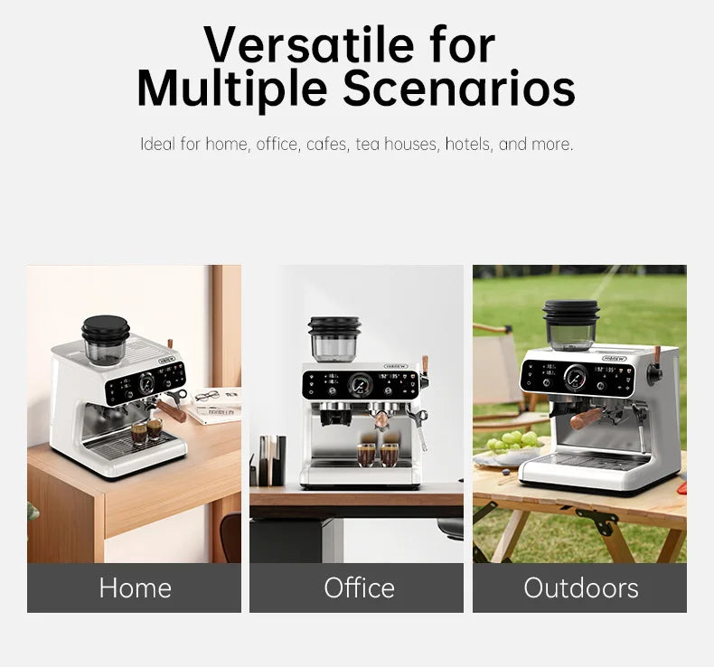 HiBREW white espresso coffee machine with pressure gauge and wood handle portafilter for home, office, and travel.