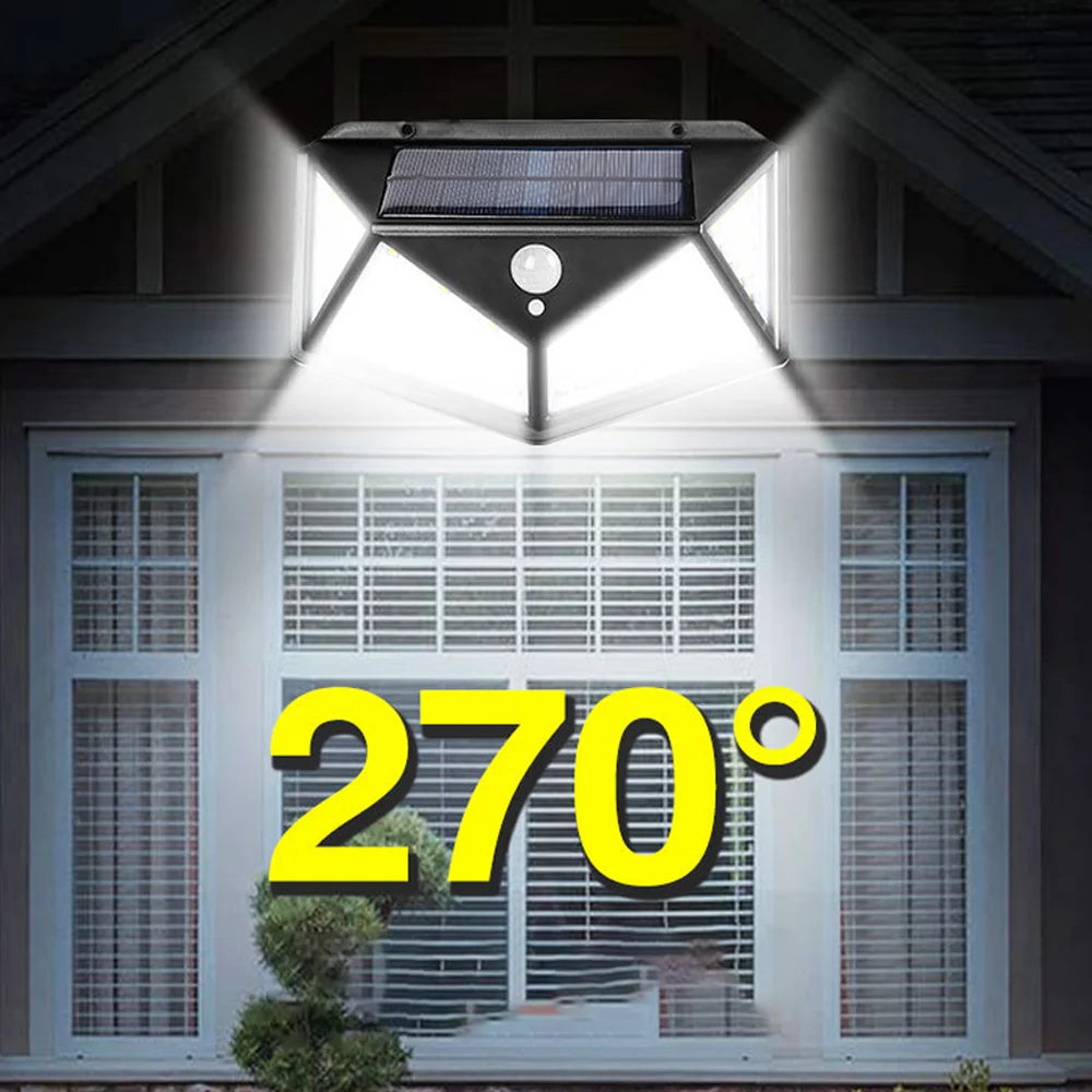 Solar Wall Lamp Outdoor Solar 100 LED Light 4 Sided Luminous Motion Sensor Waterproof Sunlight Garden Courtyard Decor Lighting