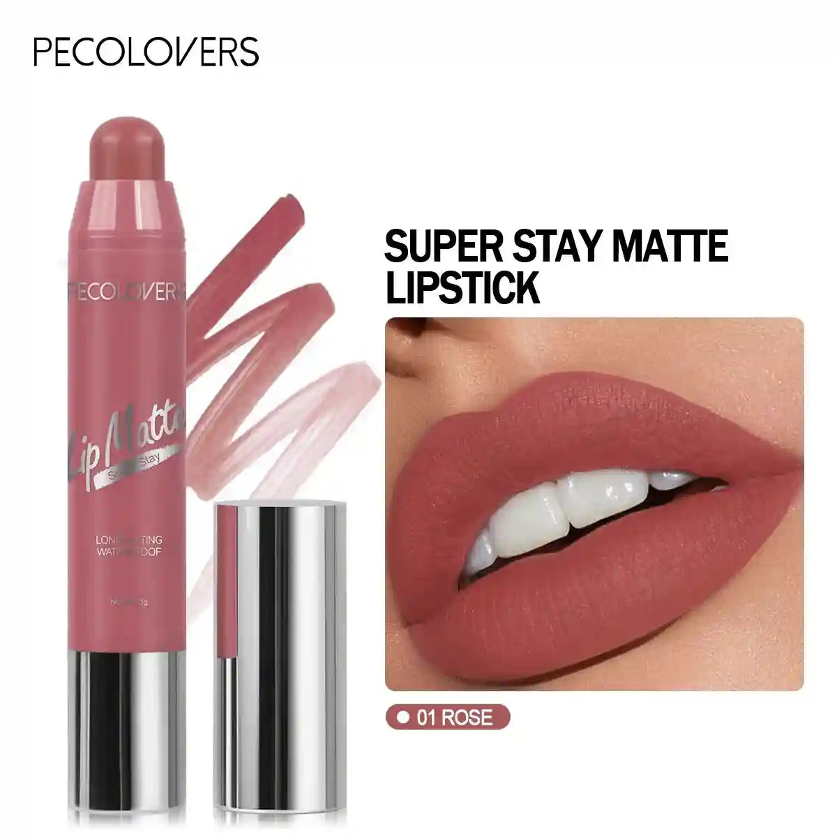 Pecolovers velvet matte lipstick in 01 Rose, a waterproof, long-lasting nude apricot lip tint with non-stick finish.
