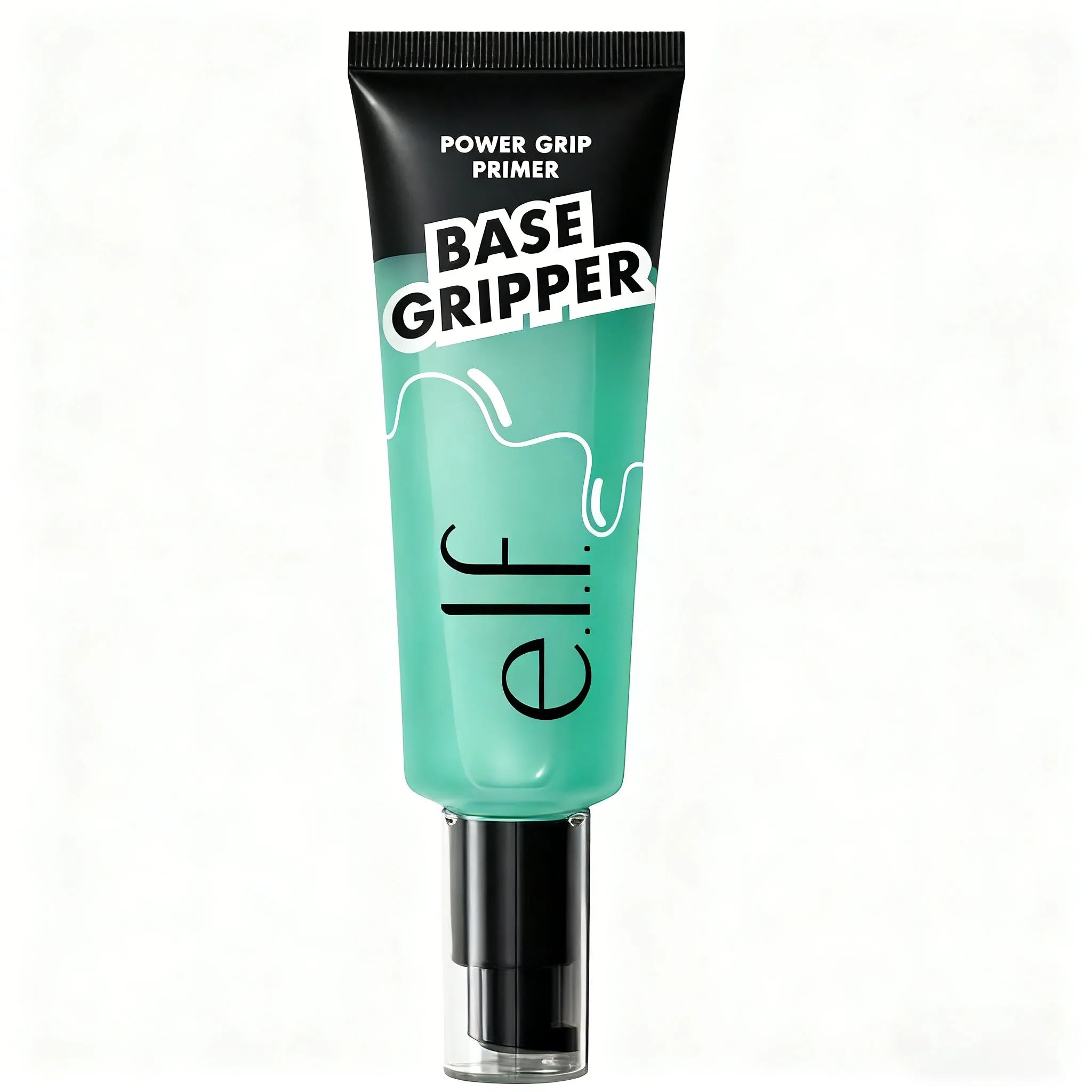 e.l.f. Power Grip Primer in a green tube with a black pump, designed for long-lasting makeup prep for all skin types.