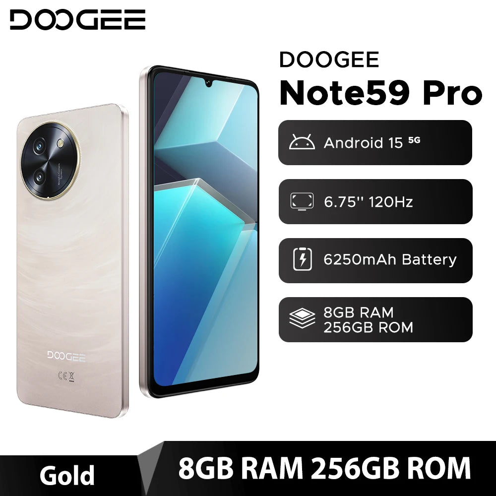 DOOGEE Note59 Pro 5G Smartphone, 8GB+256GB, 6.75 Inch Android 15 AE 8GB 256GB Gold EU Plug China Mainland|Global Version