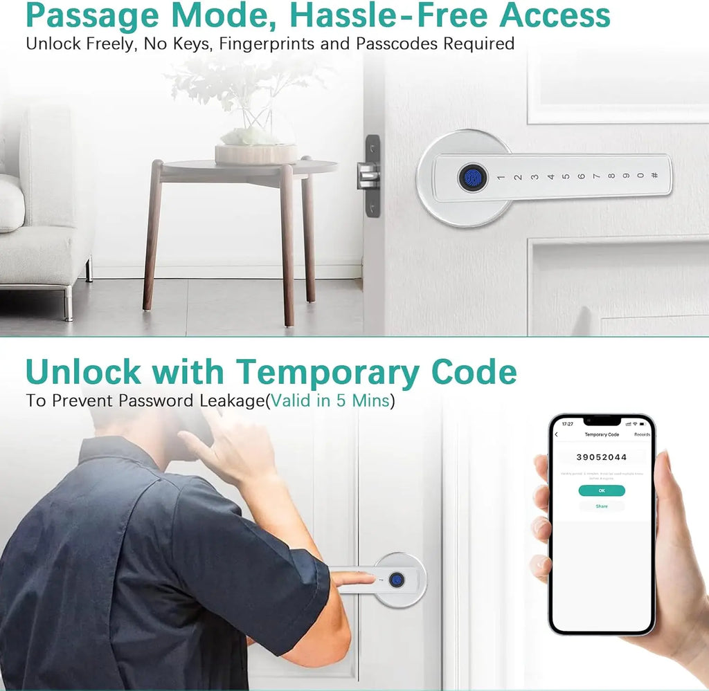 Smart Door Handle Lock with Tuya App Fingerprint PIN RFID Card Mechanical Key Temporary Code for Home Apartment Office