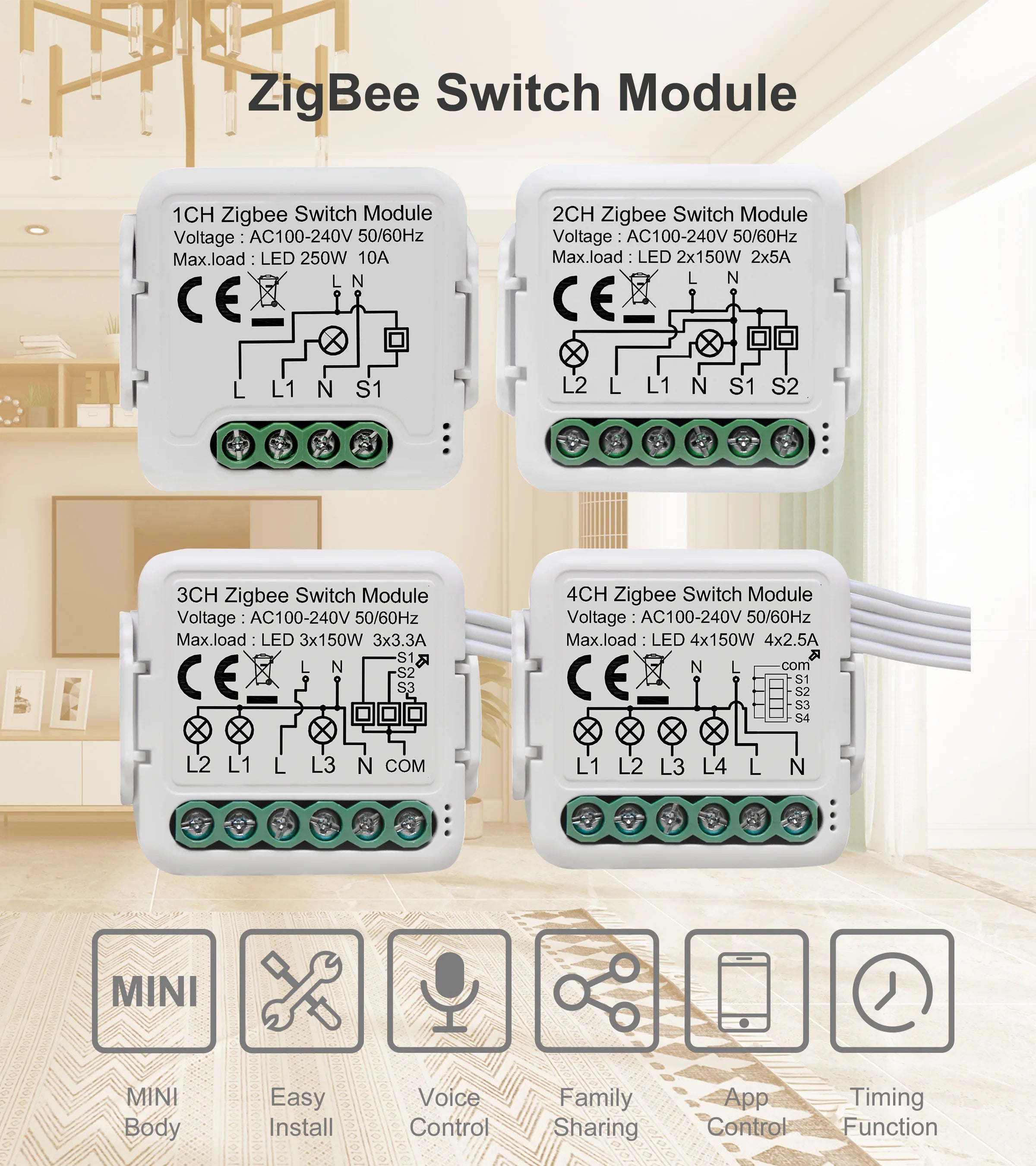 GIRIER Tuya ZigBee 3.0 Switch Module 10A Smart Home DIY Breaker 1 2 3 4 Gang Supports 2 Way Control Works with Alexa Google Home