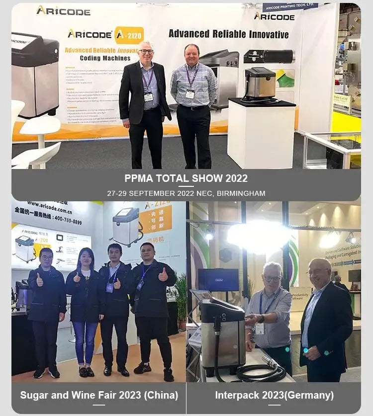 Continuous inkjet printer display booth at a trade show with printed machine images