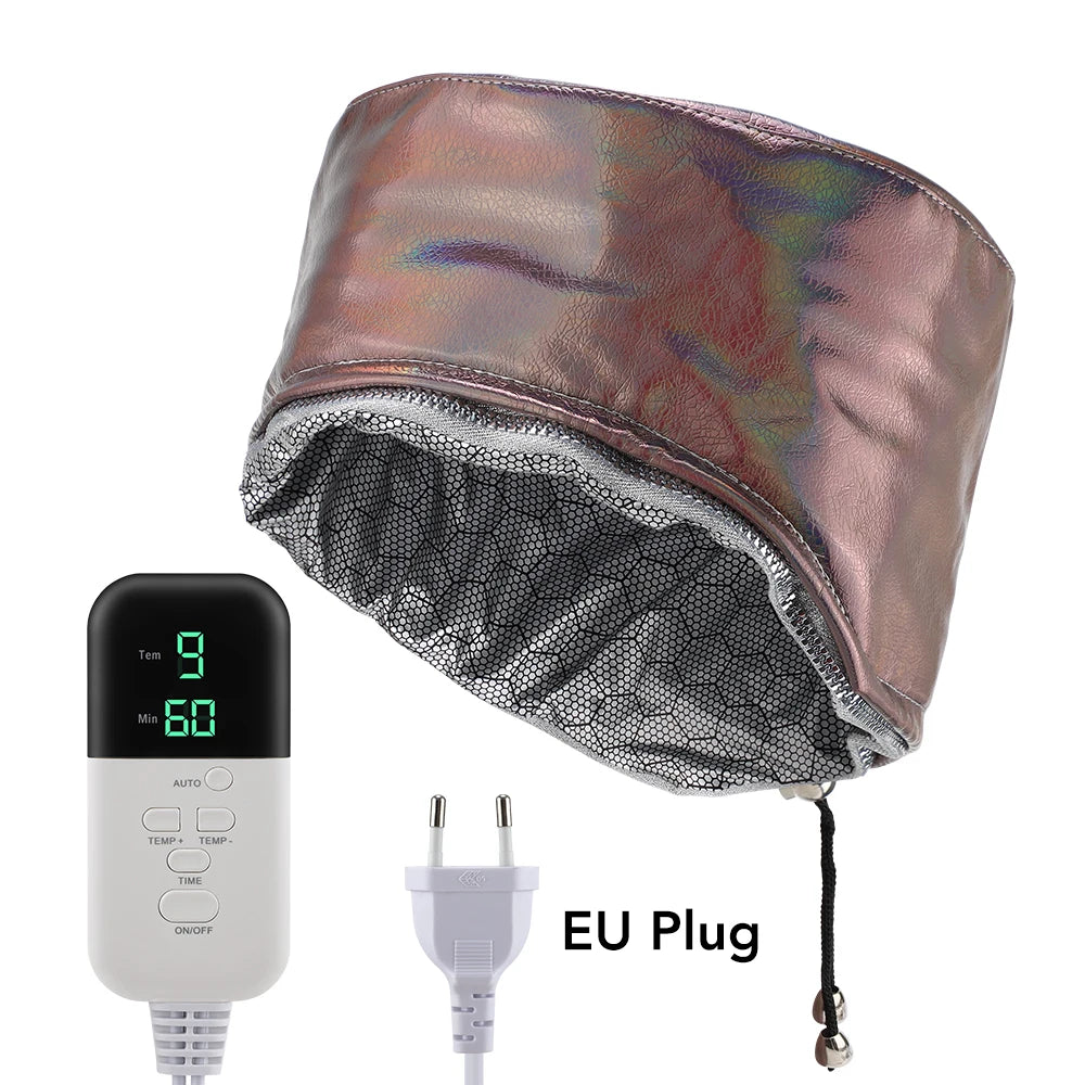Metallic PU hair steamer cap with digital controller and EU plug for deep conditioning home spa hair treatments.