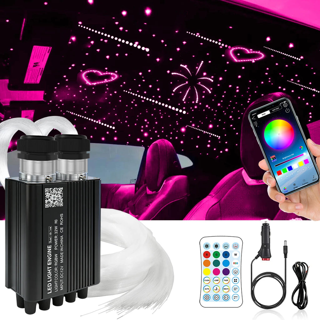 Twinkle & Meteor Starlight Headliner Kit for Car Strands for Ambient Interior Decor 32W RGBW Fiber Optic Star Light Engine