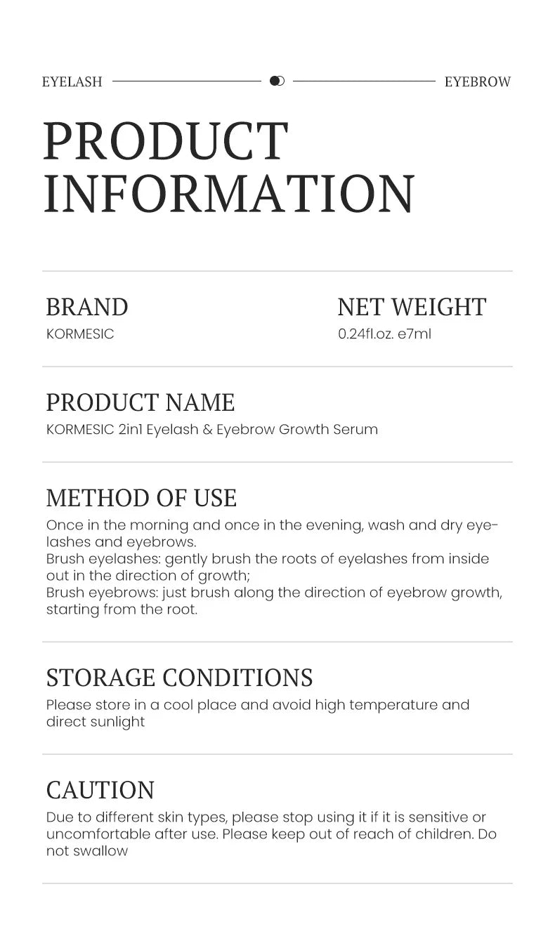 Kormesic 2-in-1 eyelash and eyebrow growth serum product information chart with usage instructions and safety details.