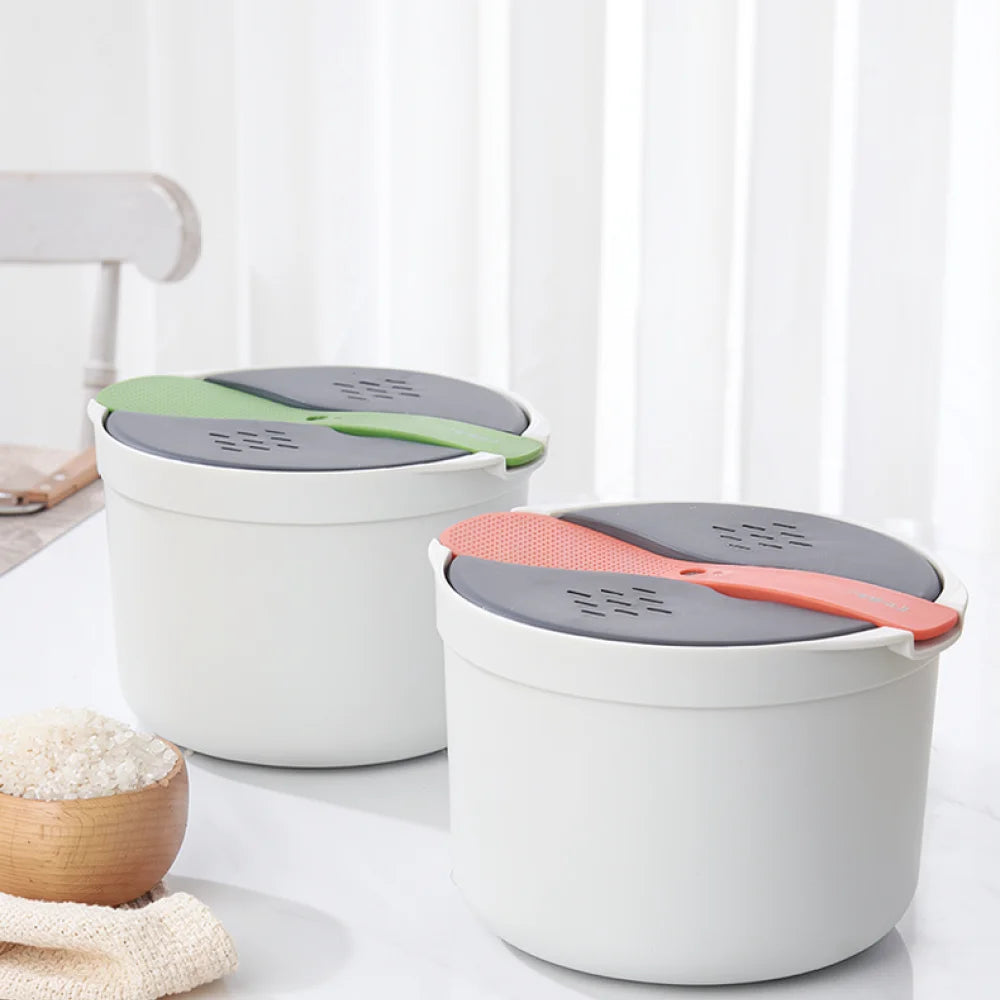 Microwave rice cooker steamer pot set, two white pots with gray vented lids and green/orange handles