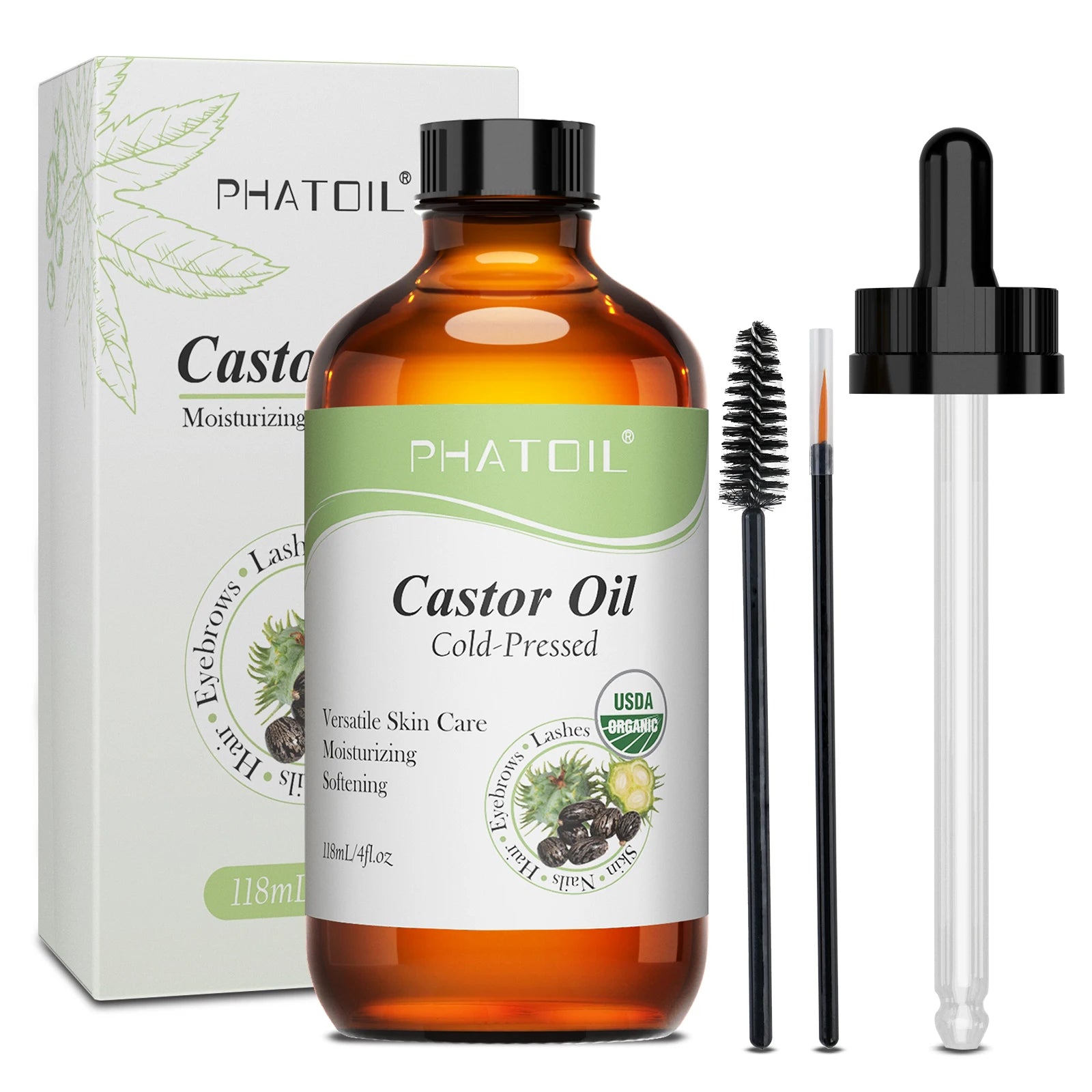 Castor oil facial oil bottle with black cap, dropper and boxed packaging, 118ml