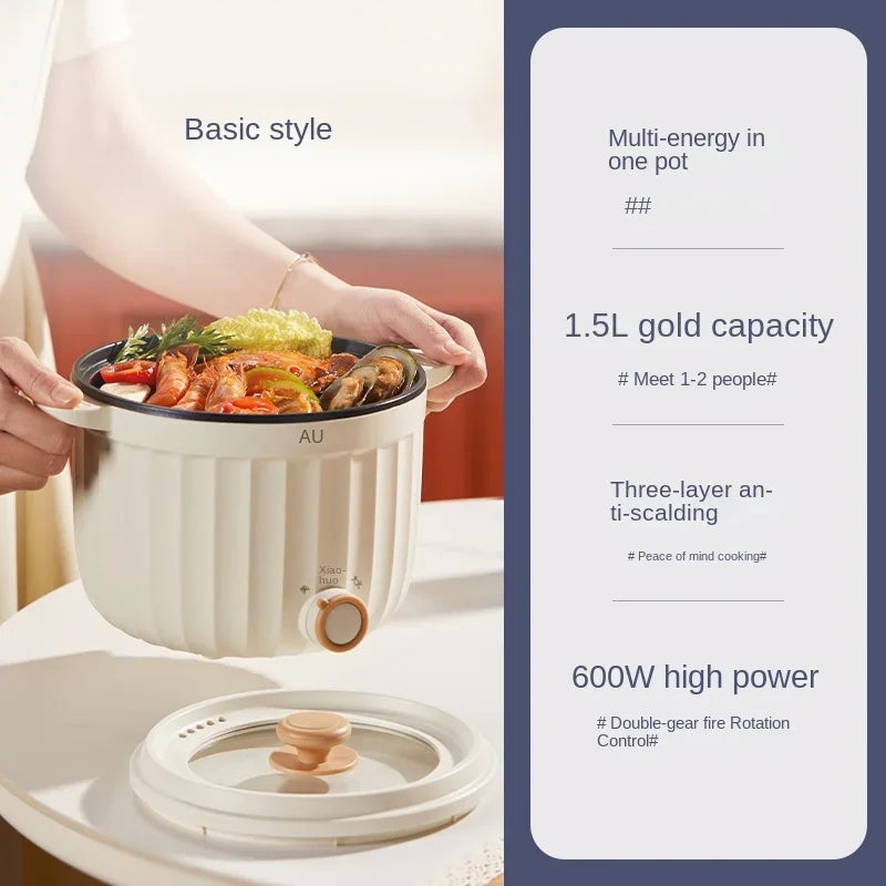 White 1.5L electric rice cooker with glass lid and control knob, three-layer anti-scald pot.