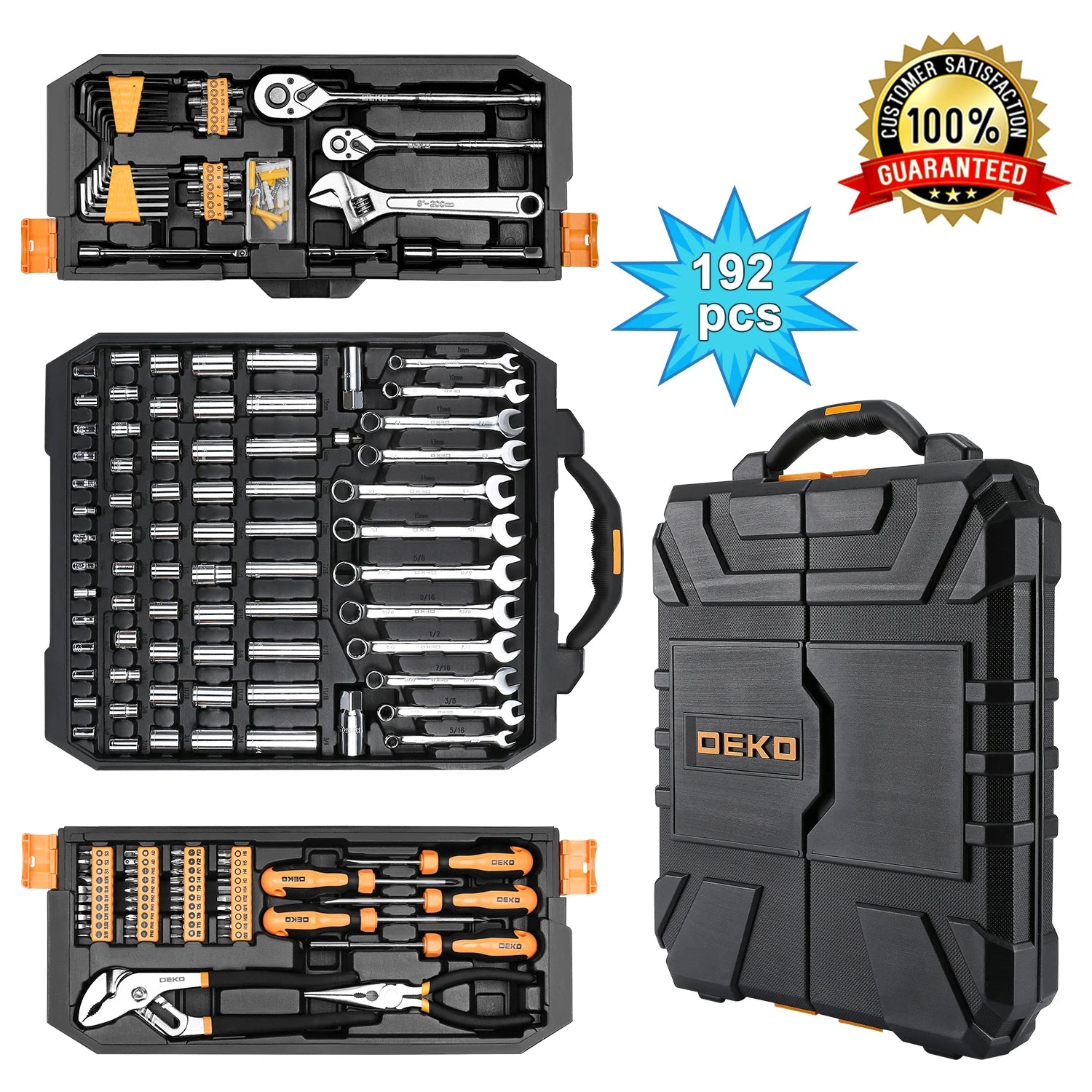 DEKO 192Pcs 198Pcs Professional Car Repair Tool Set Ratchet Spanner Screwdriver Socket Mechanics Tools Kit W/ Blow-Molding Box