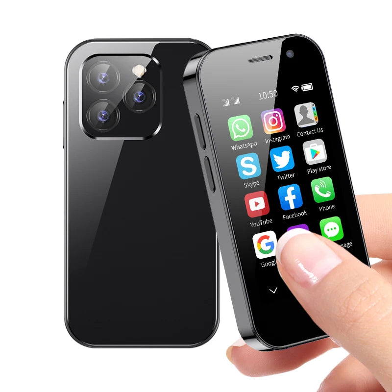 Black mini smartphone with triple rear cameras and front apps, held at an angle