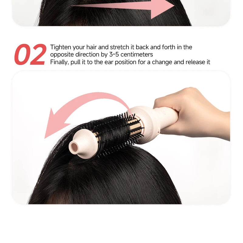 Beige automatic curling iron styling wand with round brush attachment, demonstrating easy hair volume technique.