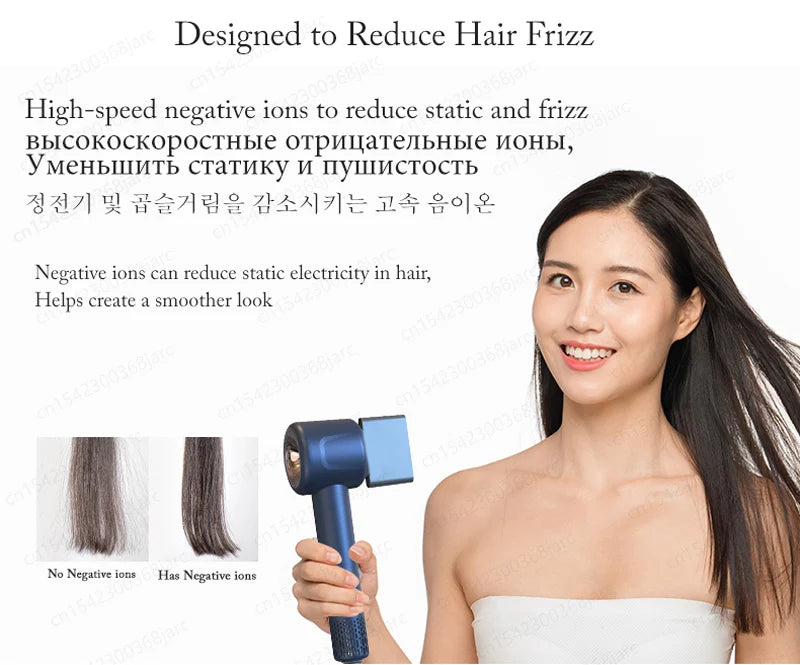 Blue professional leafless hair dryer with styling nozzle for frizz-free, quick-dry, salon-quality hair care.