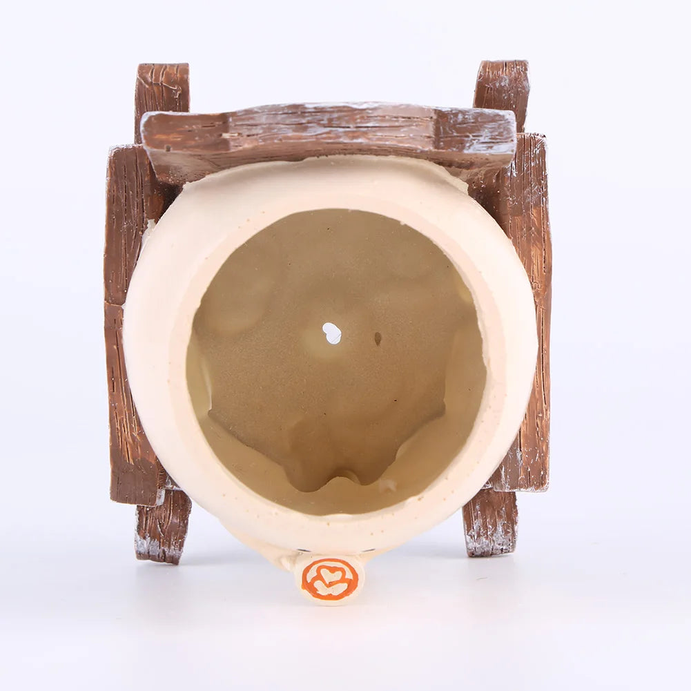 Top view of rocking succulent pot planter with white face pot in brown wooden chair base