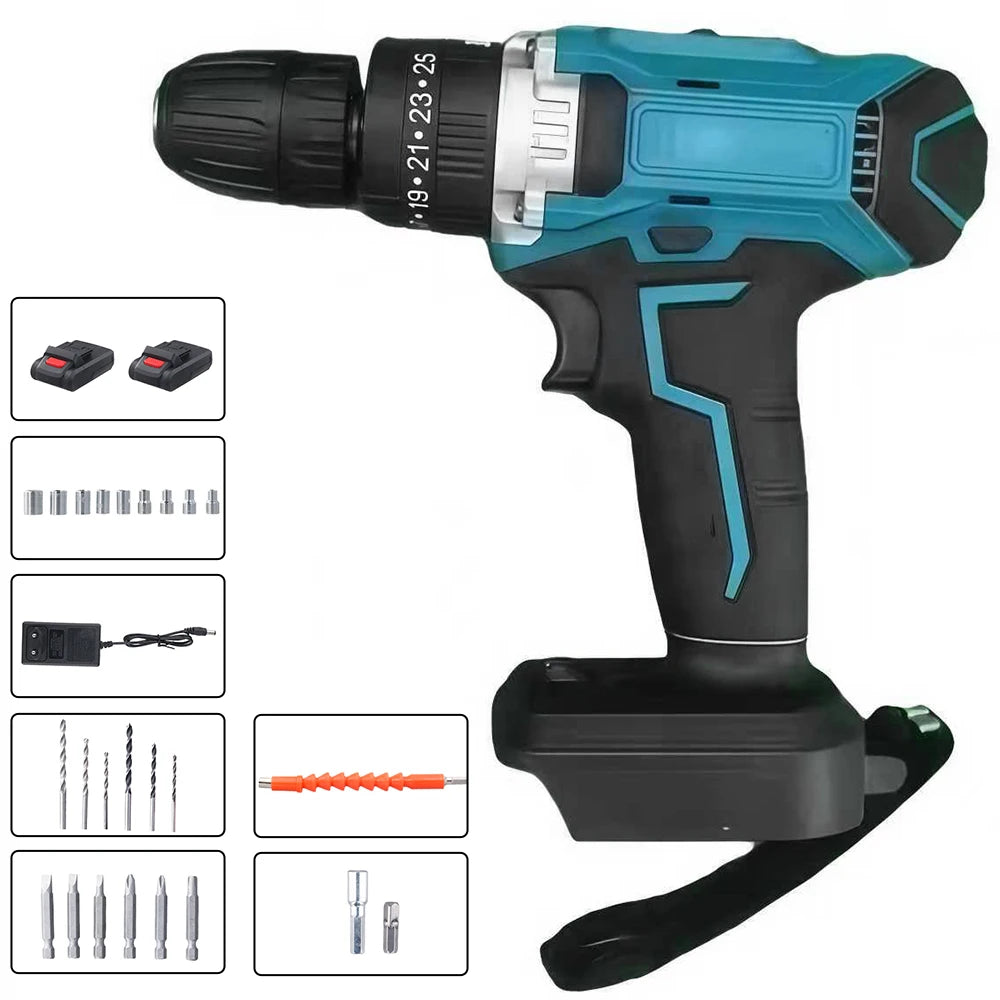 Podofo 21V Lithium Cordless Electric Screwdriver Set Brush Motor 25 Plus 3 Speed Impact Drill Tool With LED Light Two Rechargeable Batteries