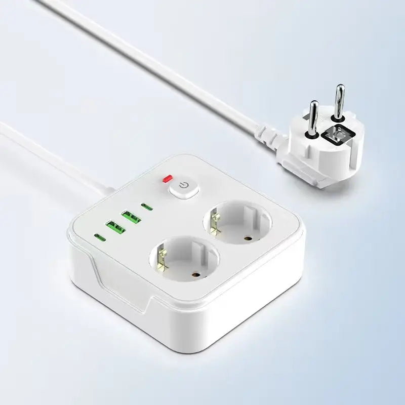 EU Plug Power Strip 2 AC 2 USB-A 2 Type-C Charging Station with Lightning Protection & Overload Safety, Wall-Mounted Outlet