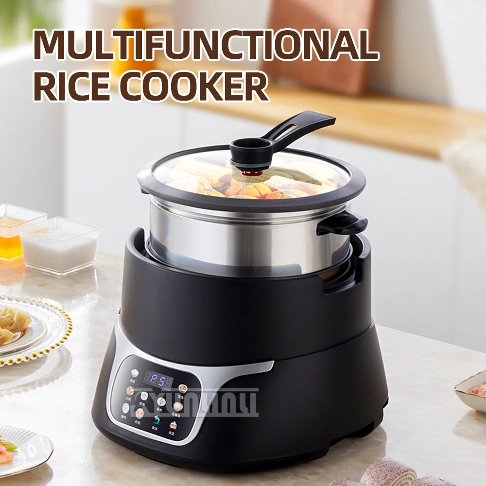 5L electric rice cooker with stainless pot, glass lid, black base and control panel