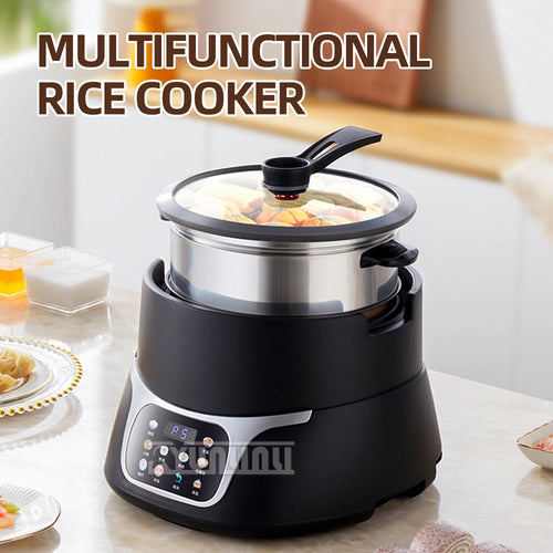 5L electric rice cooker with stainless pot, glass lid, black base and control panel